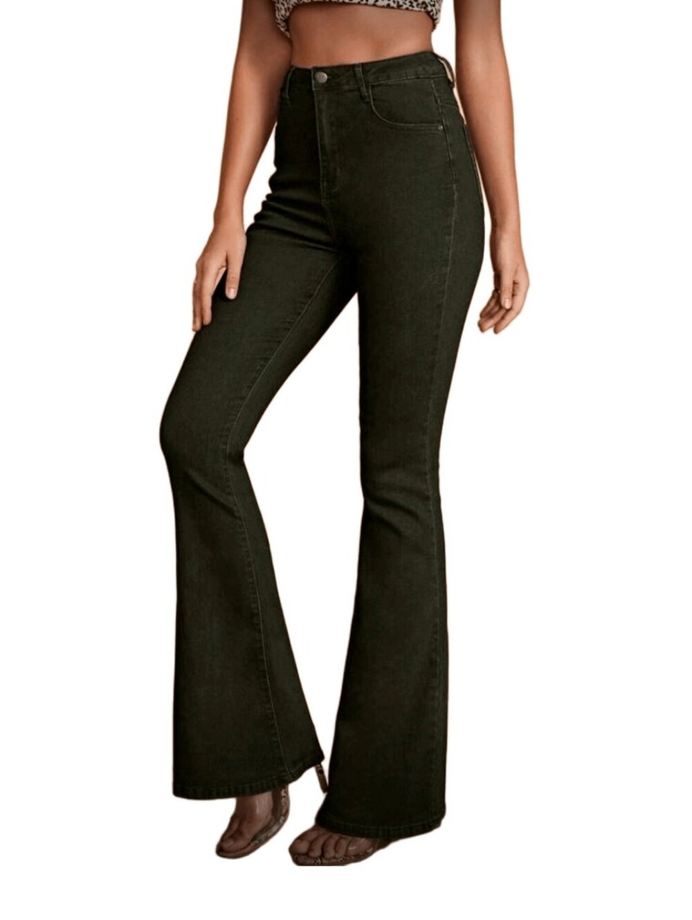 SHEIN Olive Green High-Waist Flared Jeans